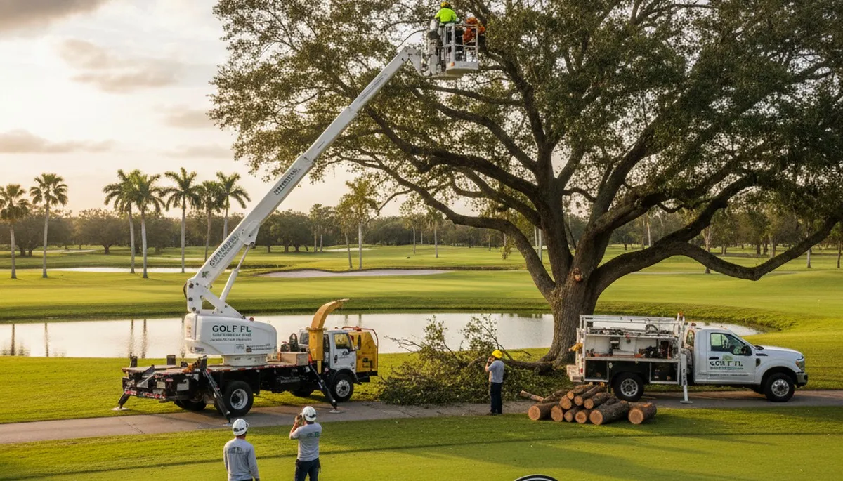 Professional tree removal service in West Palm Beach FL safely cutting and hauling large trees