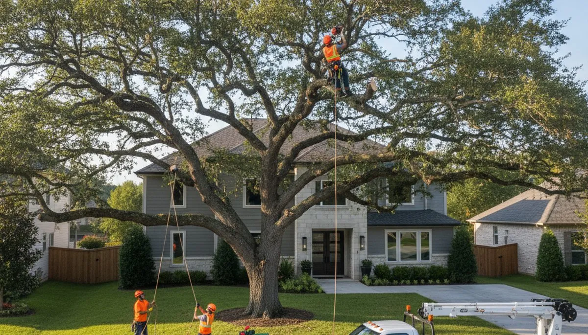 Arborist trimming palm tree in West Palm Beach FL for professional tree care service