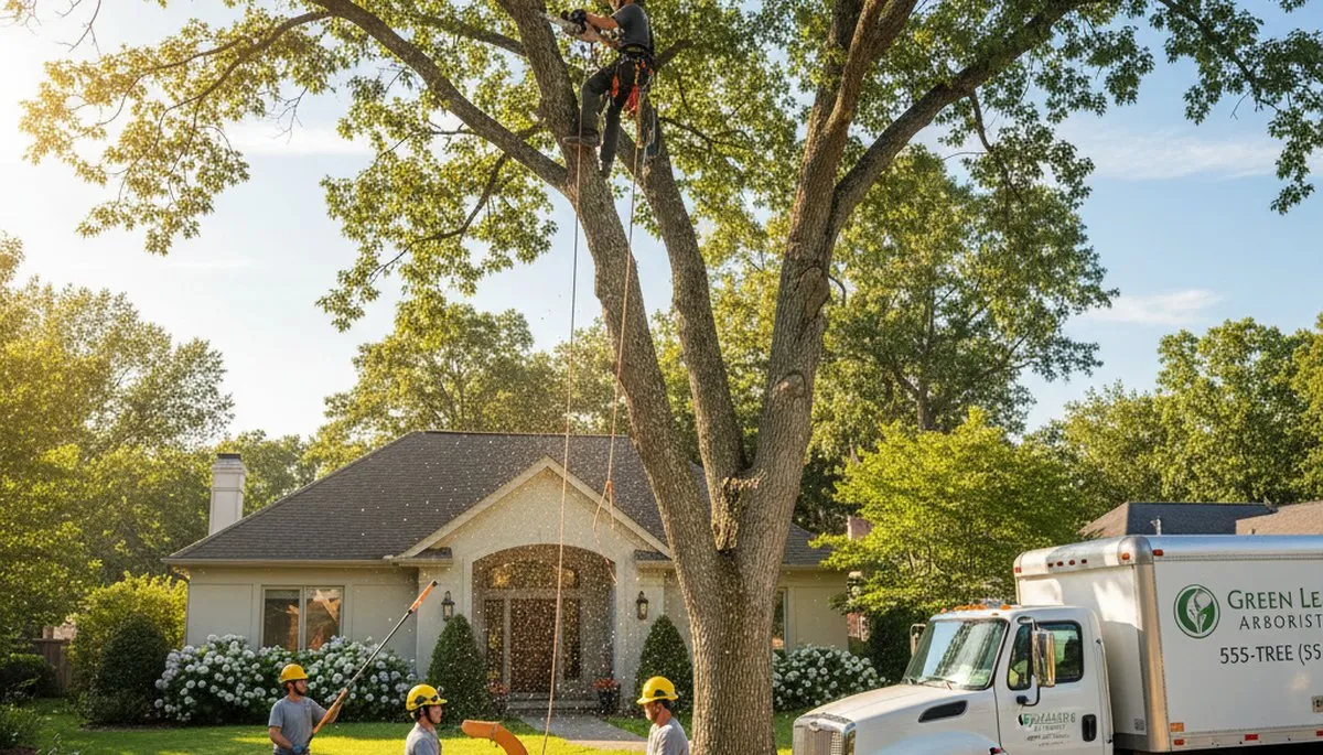 Arborist trimming palm tree in West Palm Beach FL for professional tree service maintenance