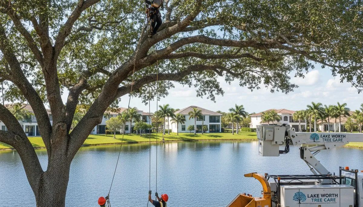 Professional tree removal service in West Palm Beach FL safely cutting tall palm trees