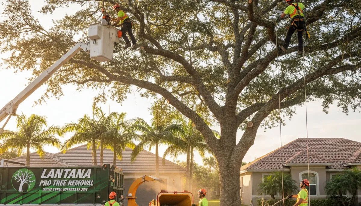 Professional tree removal service in West Palm Beach FL safely cutting large palm tree