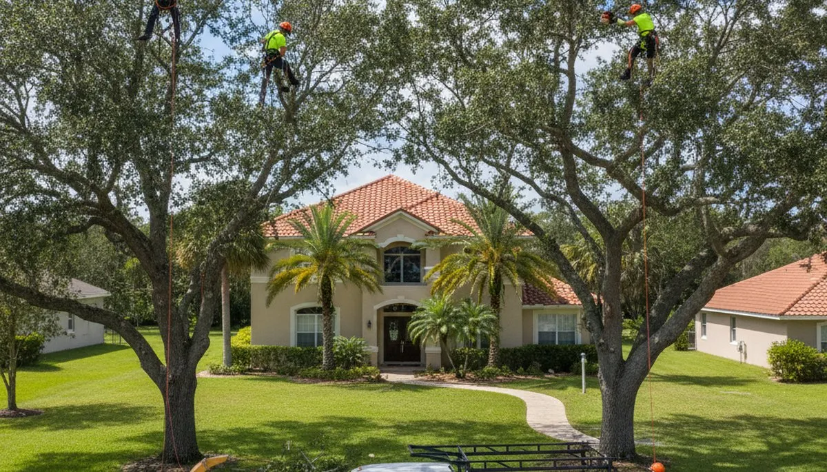 Professional tree removal service in West Palm Beach FL safely cutting large palm trees