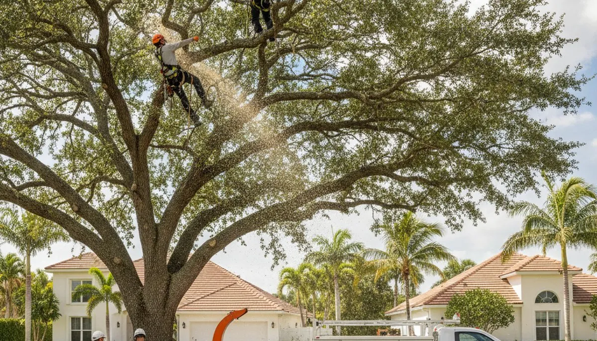 Professional tree removal service crew working in West Palm Beach FL yard