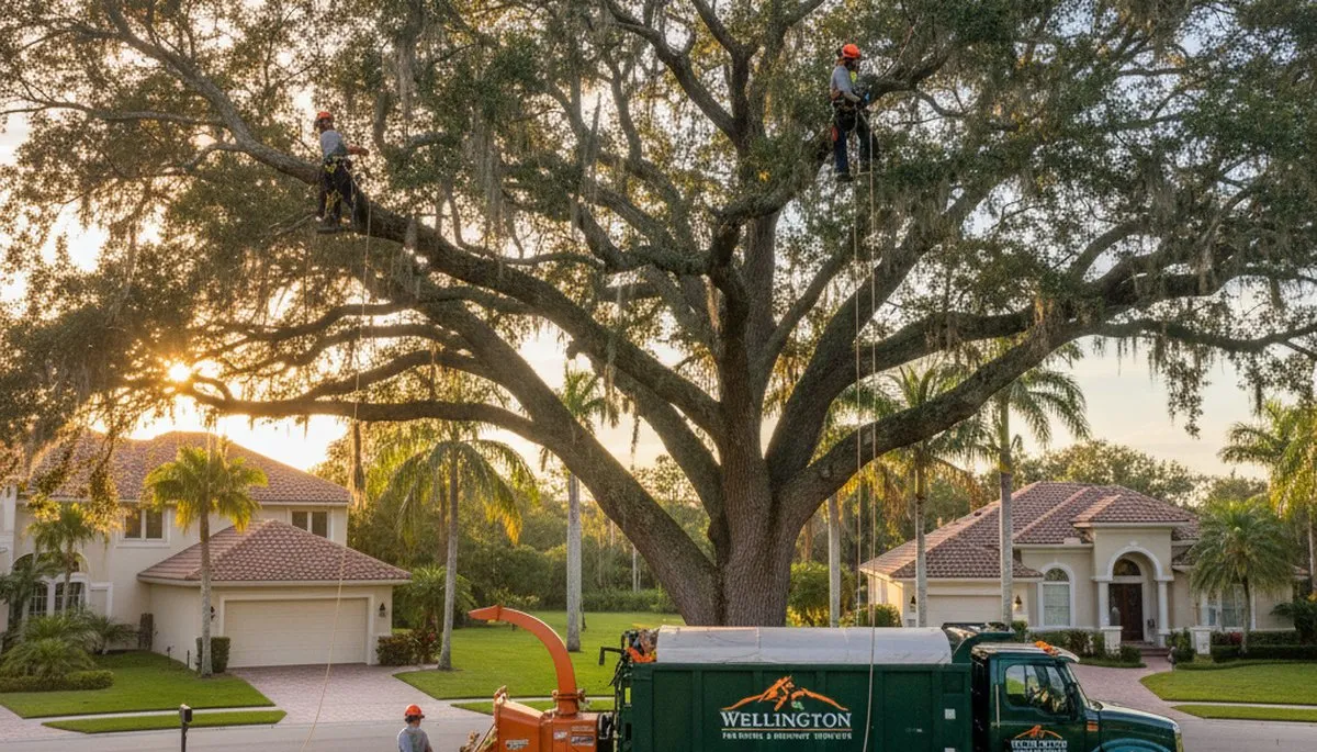 Professional tree removal service in West Palm Beach FL safely cutting down large palm tree
